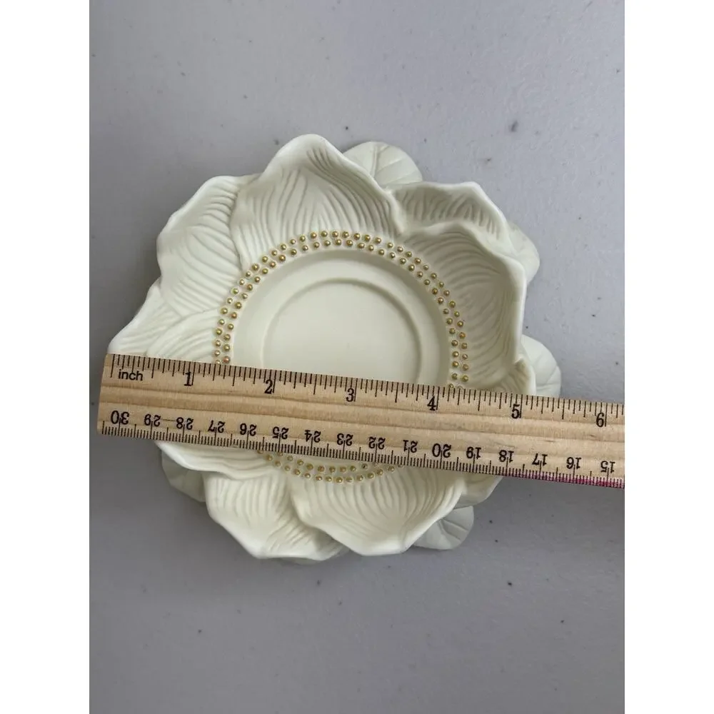 PartyLite Bisque Porcelain Magnolia Lotus Blossom Pillar Candle Holder Gold Bead - Picture 8 of 8